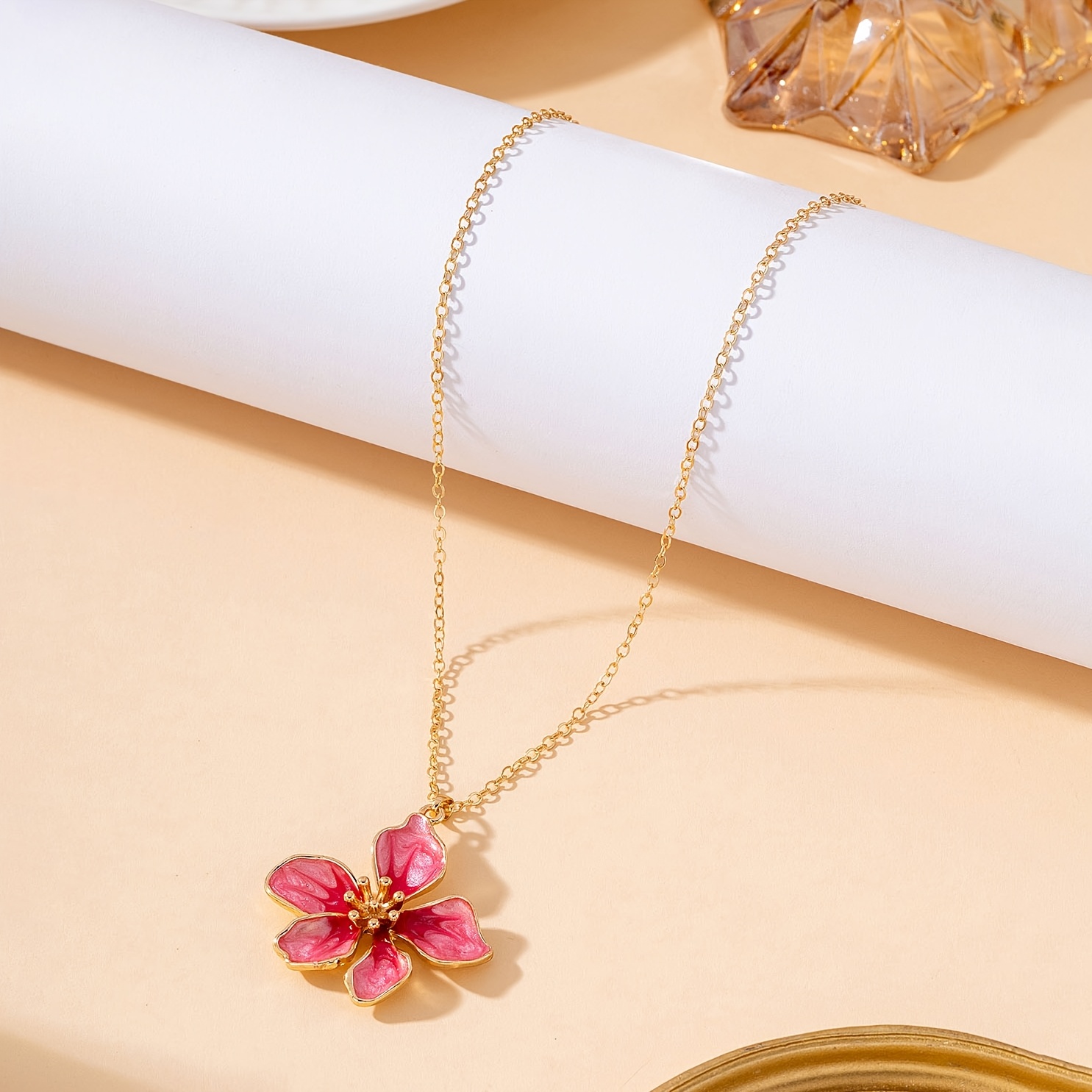Handmade White, Pink, and Orange Enamel Five-Petal Flower Necklace